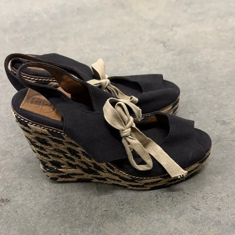 Tory Burch Black and Tan Espadrille Wedges